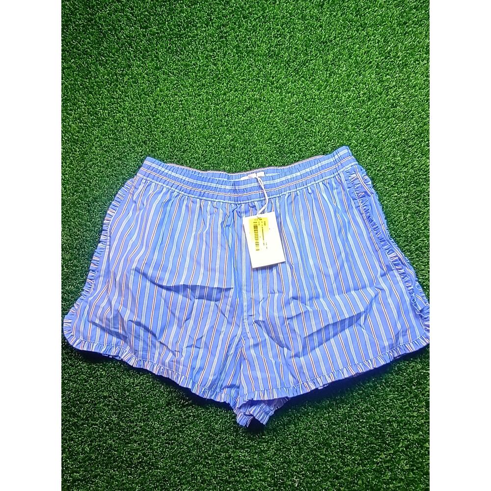 Free Assembly Blue Striped Ruffle Trim Cotton Poplin Shorts med